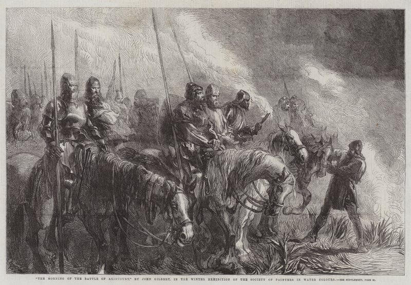 De ochtend van de Slag bij Agincourt, in de Wintertentoonstelling van de Society of Painters in Water Colours door John Gilbert