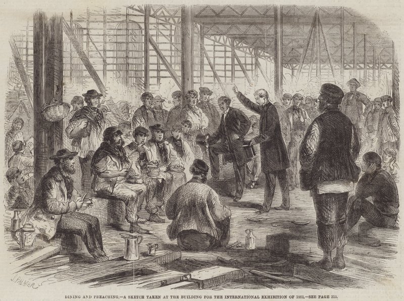 Dineren en Prediken, een Schets genomen bij het Gebouw voor de Internationale Tentoonstelling van 1862 door John Palmer