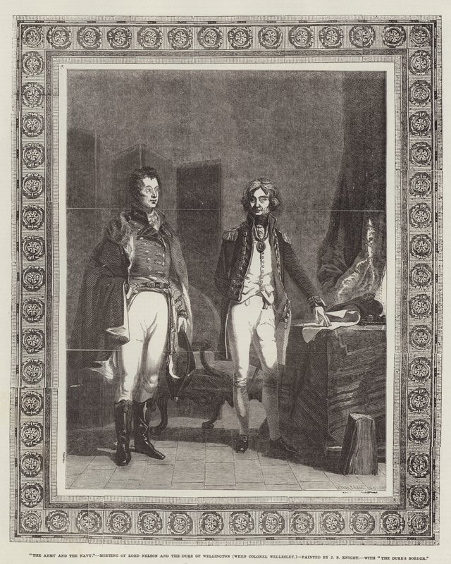 Het leger en de marine, ontmoeting van Lord Nelson en de hertog van Wellington (toen kolonel Wellesley) door John Prescott Knight