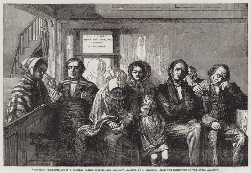 Schotse presbyterianen in een plattelandskerk, de preek door John Stirling