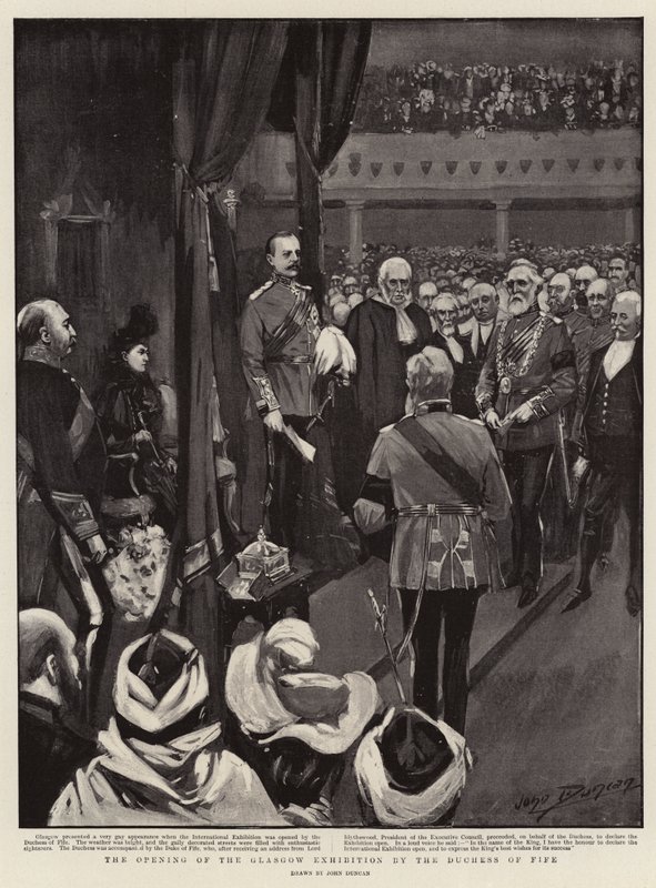 De opening van de Glasgow-tentoonstelling door de hertogin van Fife door after John Duncan