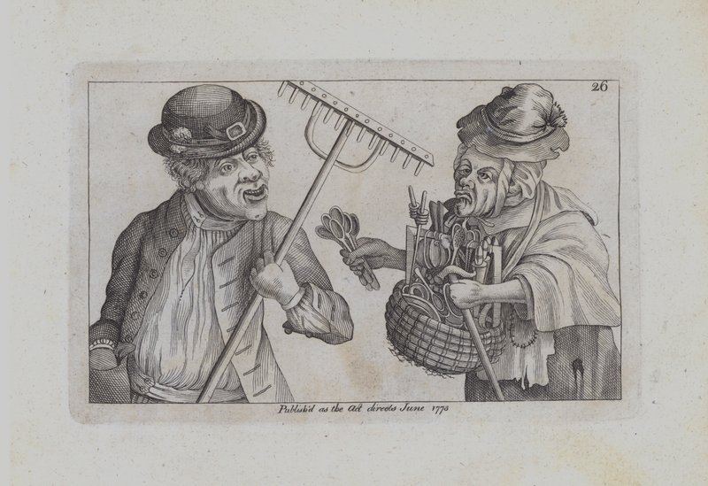 Een man met een hark, een vrouw die lepels en roerstaafjes verkoopt (gravure) door John  Collier
