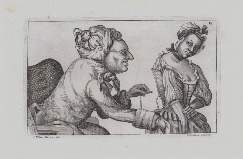 Man naait meisje in korset (gravure) door John  Collier