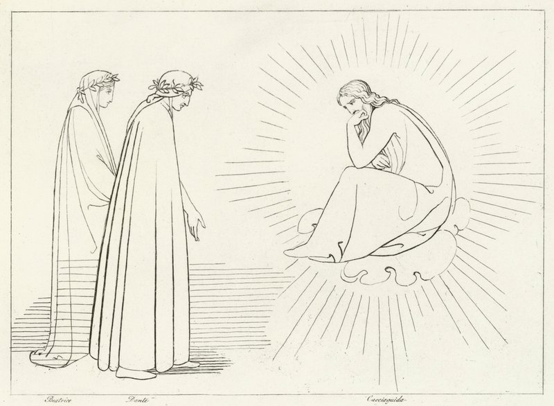 Dante in gesprek met Cacciaguida, Paradijs, Canto 17 (gravure) door John (after) Flaxman