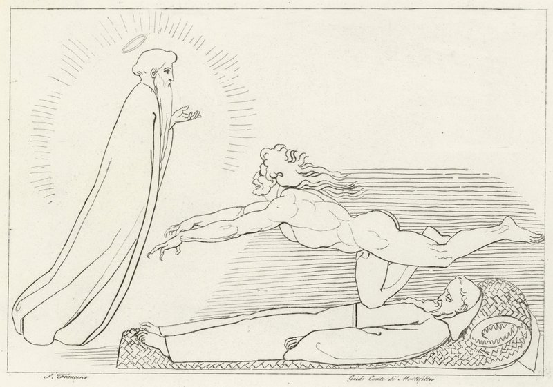 De Strijd om Guido De Montefeltro, Inferno, Canto 27 (gravure) door John (after) Flaxman