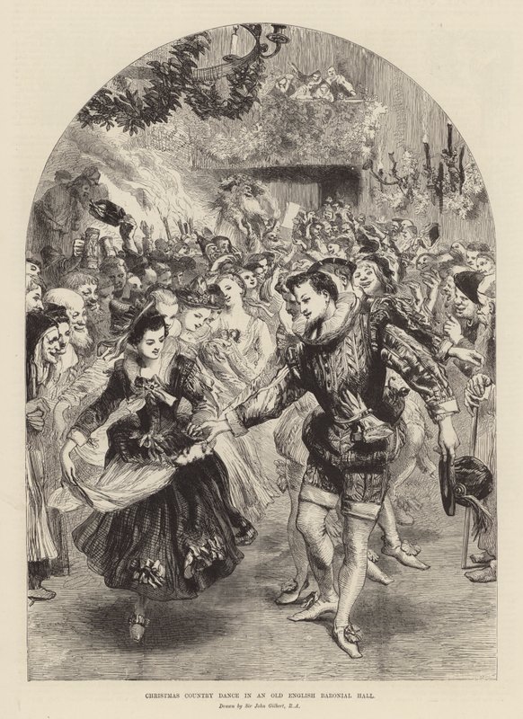 Kerstlandelijke dans in een oude Engelse baroniale hal (gravure) door John (after) Gilbert