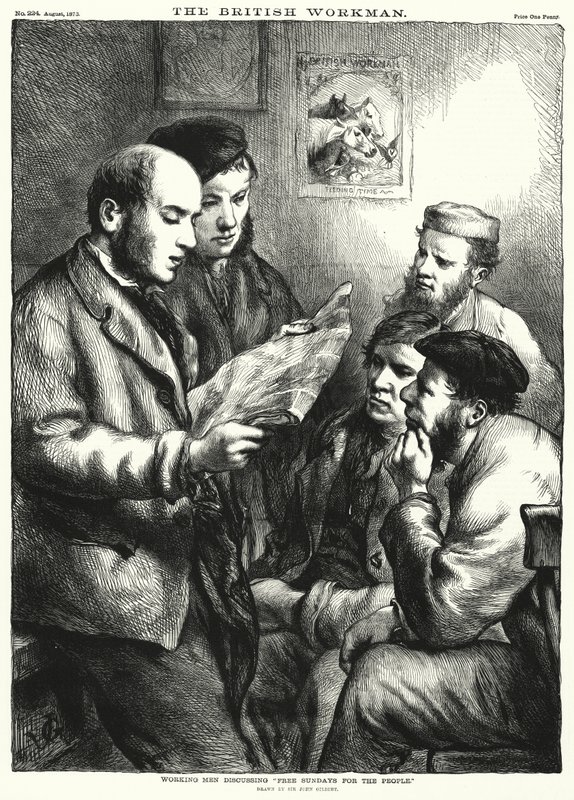 Werkende Mannen bespreken "Vrije Zondagen voor het Volk" (gravure) door John (after) Gilbert