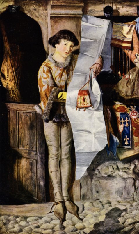 Jongen buiten een stoffenwinkel in de Middeleeuwen die zijn waren aanprijst door John (after) Pettie