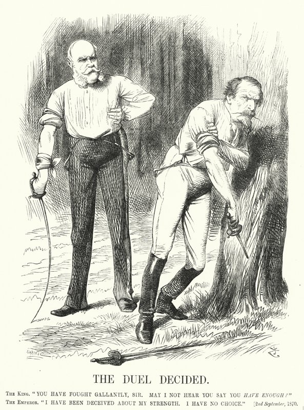 Punch cartoon: Het duel beslist - de nederlaag van Frankrijk in de Frans-Duitse Oorlog door John (after) Tenniel