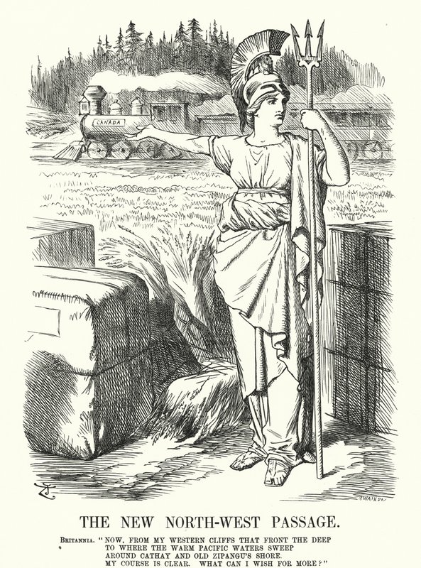 Punch cartoon: De Nieuwe Noordwestelijke Doorvaart - de Canadian Pacific Railway door John (after) Tenniel