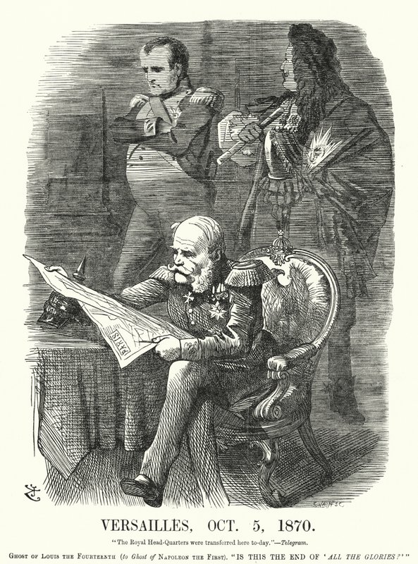 Punch cartoon: Versailles, 5 oktober 1870 - de vernedering van Frankrijk in de Frans-Duitse Oorlog (gravure) door John (after) Tenniel