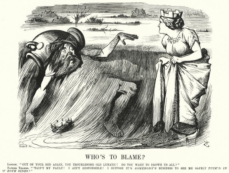 Punch cartoon: Wie is de Schuldige? - oproepen om actie te ondernemen om overstromingen van de Theems in Londen te voorkomen (gravure) door John (after) Tenniel