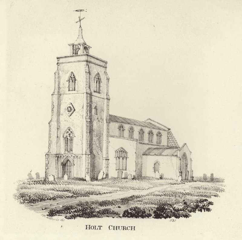 De Kerk van St. Andrew in het dorp Holt door John Berney Ladbrooke