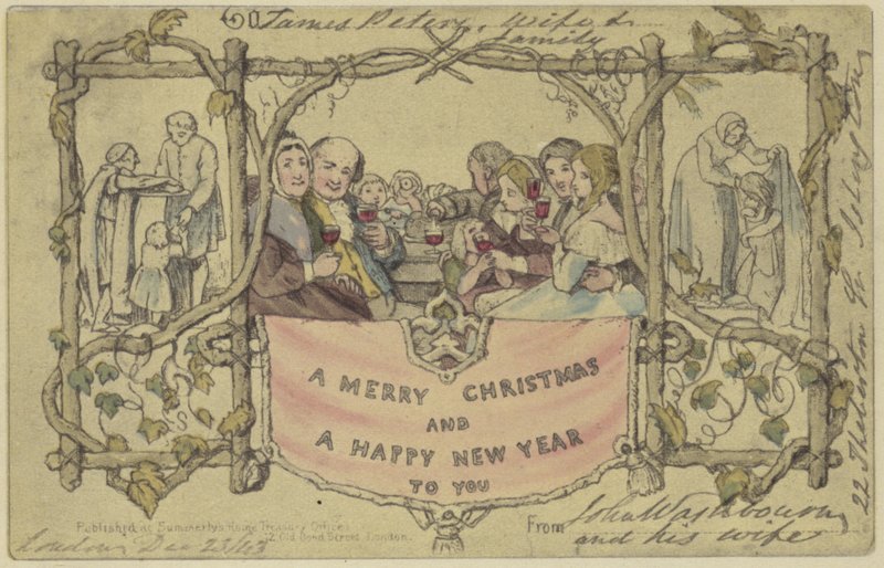 Facsimile reproductie van de eerste kerstkaart door John Callcott Horsley