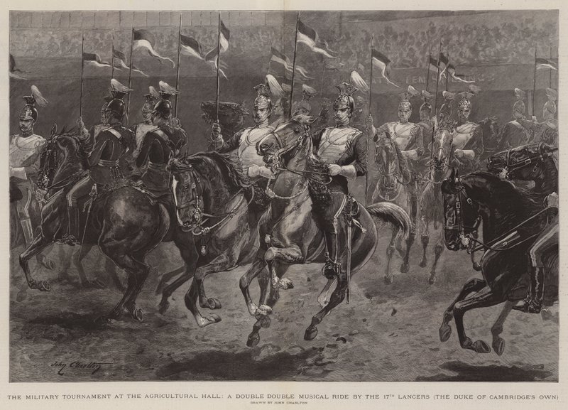 Het Militaire Toernooi in de Agricultural Hall, Een Dubbele Dubbele Muzikale Rit door de 17e Lancers, de Duke of Cambridge