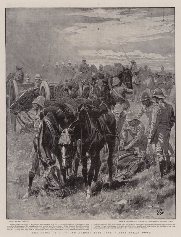 De prijs van een gedwongen mars, artilleriepaarden breken af door John Charlton