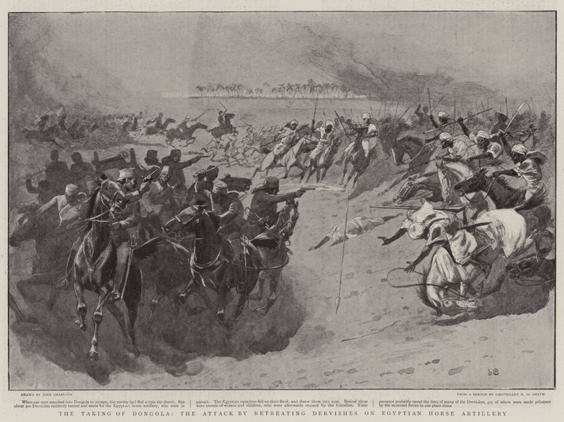 De inname van Dongola, de aanval door terugtrekkende Derwisjen op Egyptische paardenartillerie door John Charlton