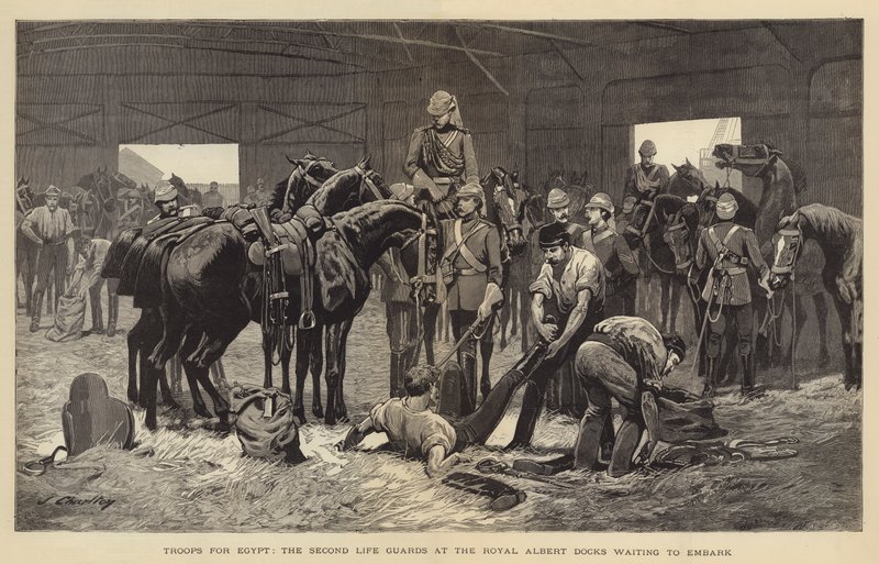 Troepen voor Egypte, de Tweede Life Guards bij de Royal Albert Docks wachtend om in te schepen door John Charlton