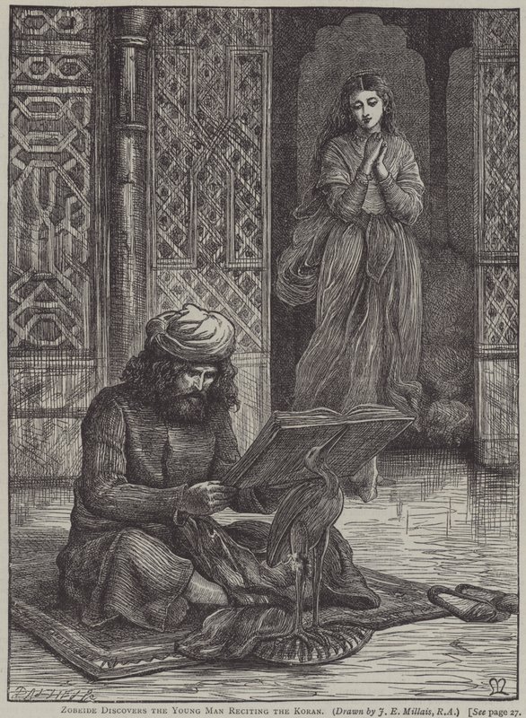 Zobeide ontdekt de jongeman die de Koran reciteert (gravure) door John Everett (after) Millais