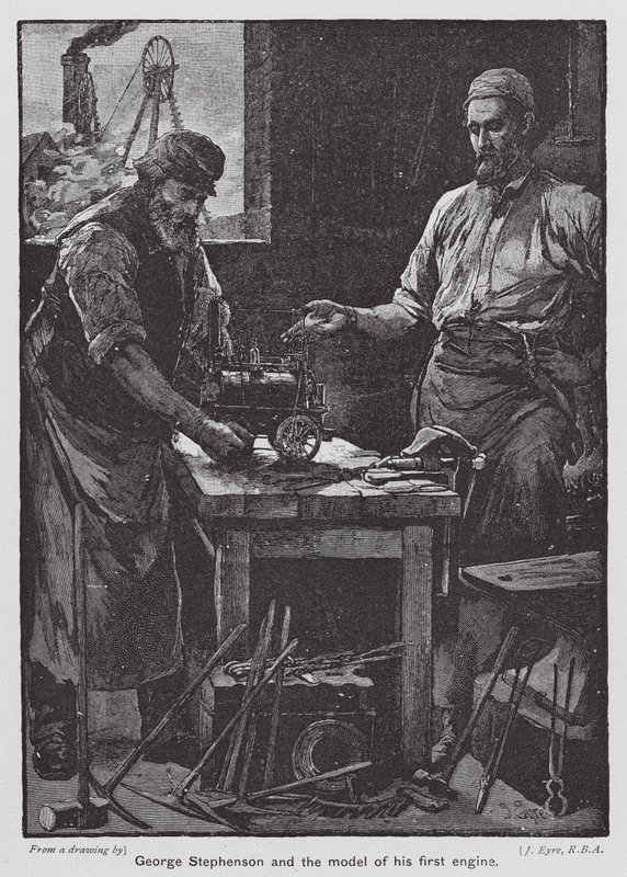George Stephenson en het model van zijn eerste motor door John Eyre