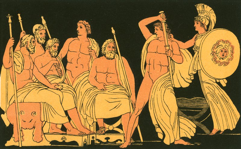 Athene onderdrukt de woede van Achilles door John Flaxman