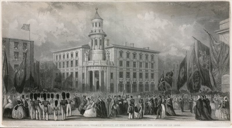 De nieuwe kolenbeurs, Thames Street, bij de ceremonie van de opening in 1849 door John Francis Salmon