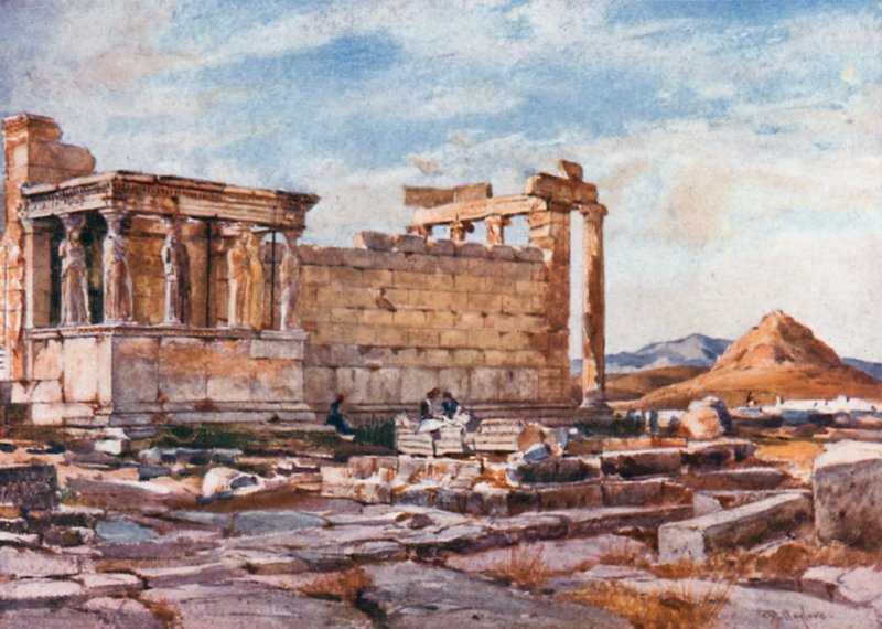 De zuidkant van het Erechtheion, met de fundamenten van de vroegere tempel van Athena Polias door John Fulleylove