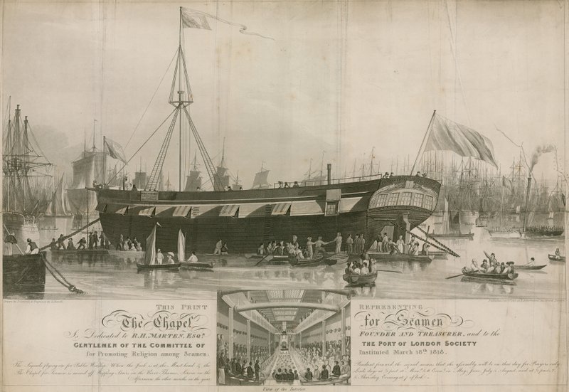 De kapel voor zeelieden, opgericht 18 maart 1818 en afgemeerd bij Wapping door John Gendall