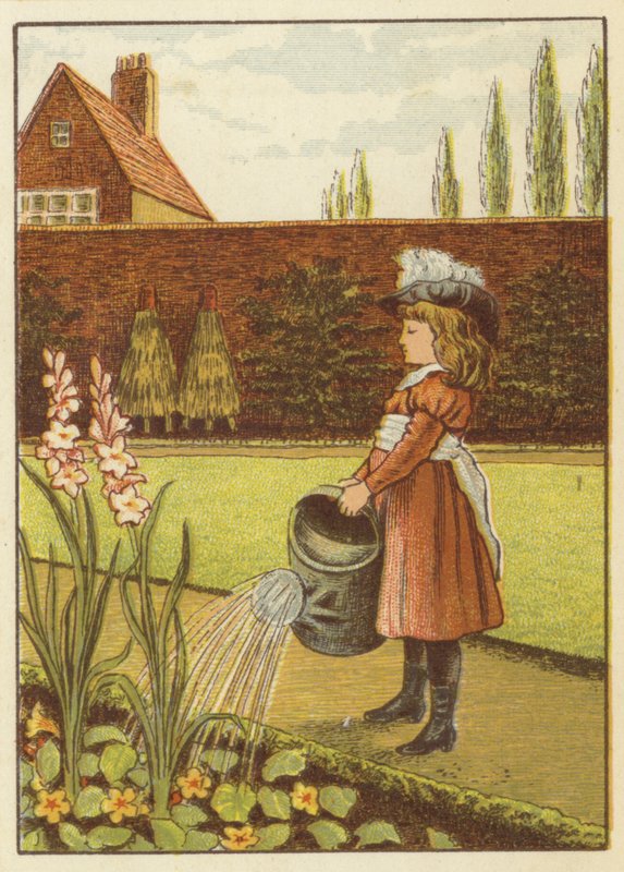 Meisje dat de tuin water geeft door John George (after) Sowerby