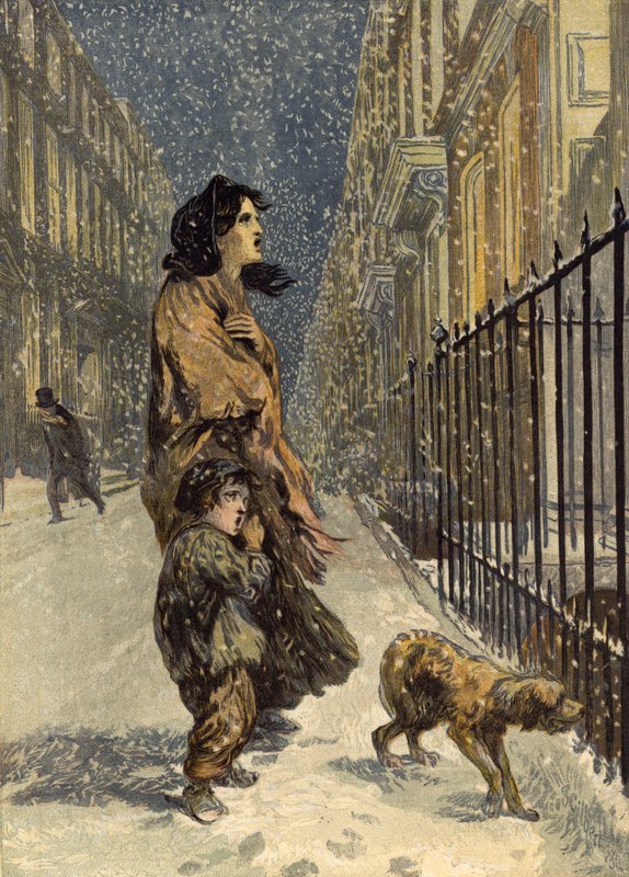 De dakloze armen, moeder en kind met hond in de sneeuw door John Gilbert