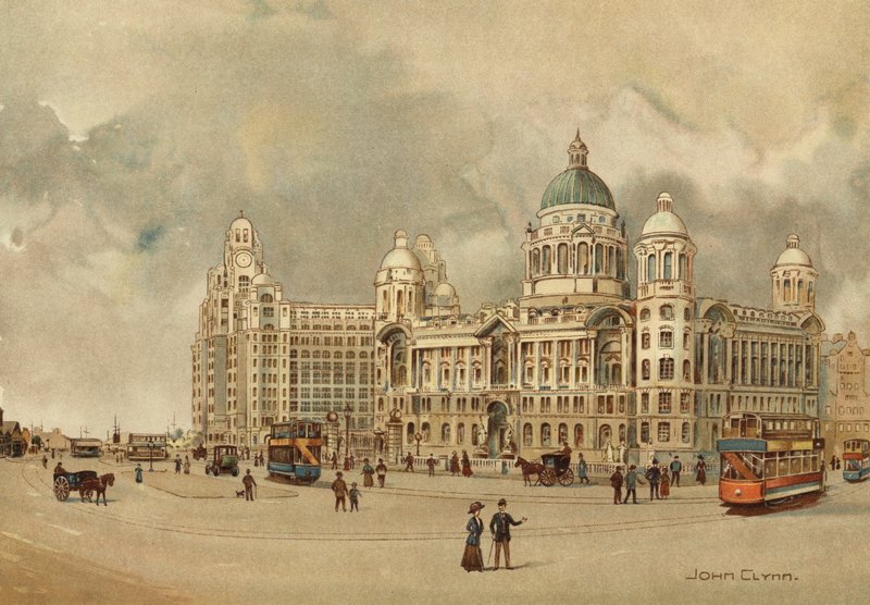 Liverpool: Kantoren van de Mersey Docks en Harbour Board, Het Liver Building, enz., Toegang tot de Landing Stage door John Glynn
