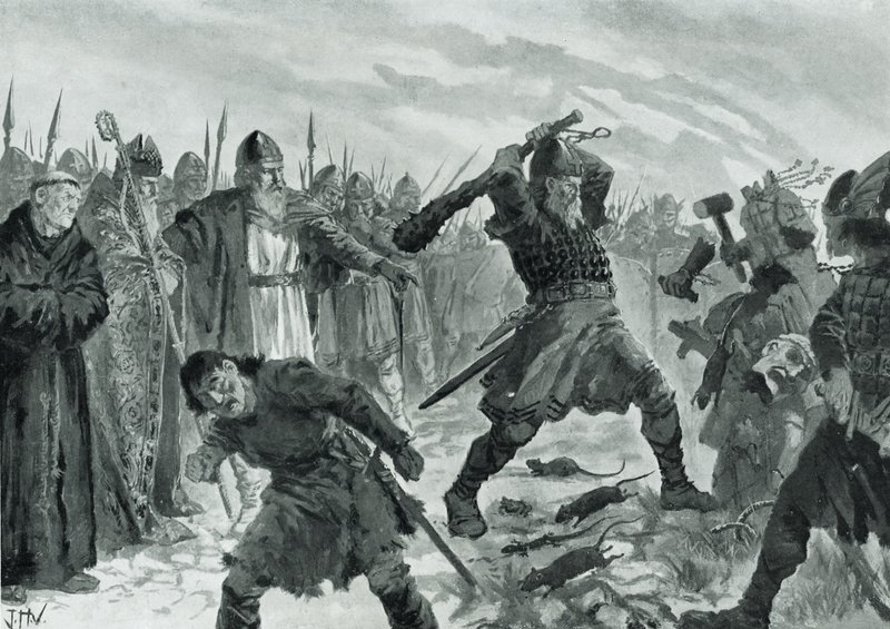 Koning Olav de Heilige breekt het beeld van de god Mor door John Harris Valda