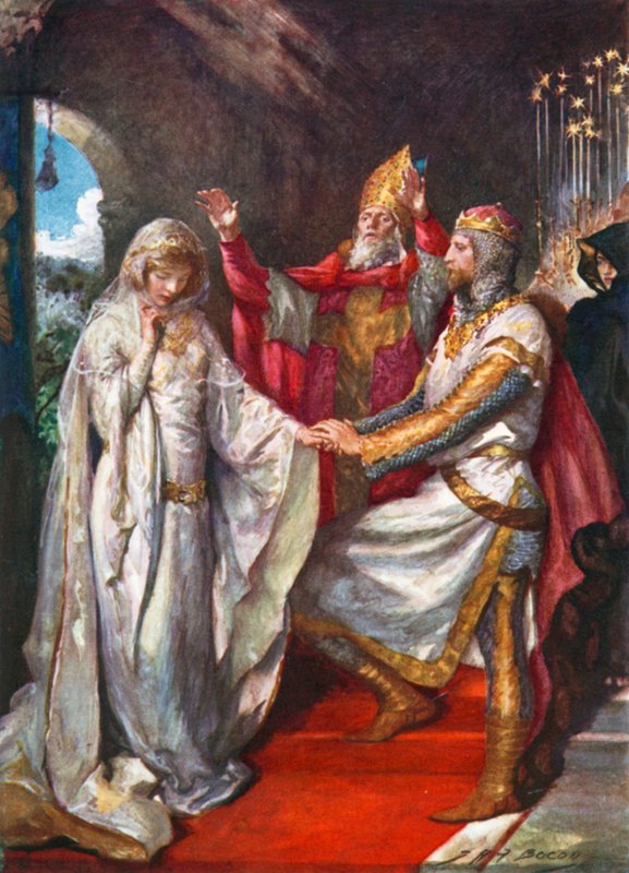 Het huwelijk van koning Arthur en koningin Guinevere (kleurenlitho) door John Henry Frederick (after) Bacon
