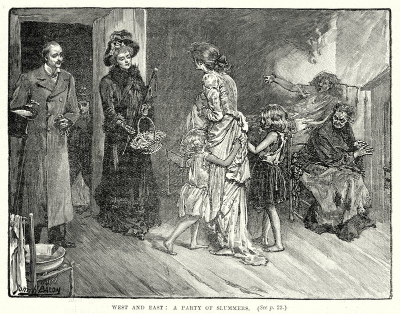 West en Oost: Een groep sloppenwijkers (gravure) door John Henry Frederick (after) Bacon