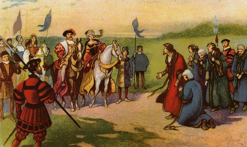 Koning Hendrik VIII en Catherine Howard arriveren in York na de Pelgrimage van Genade 1541 door John Jellicoe
