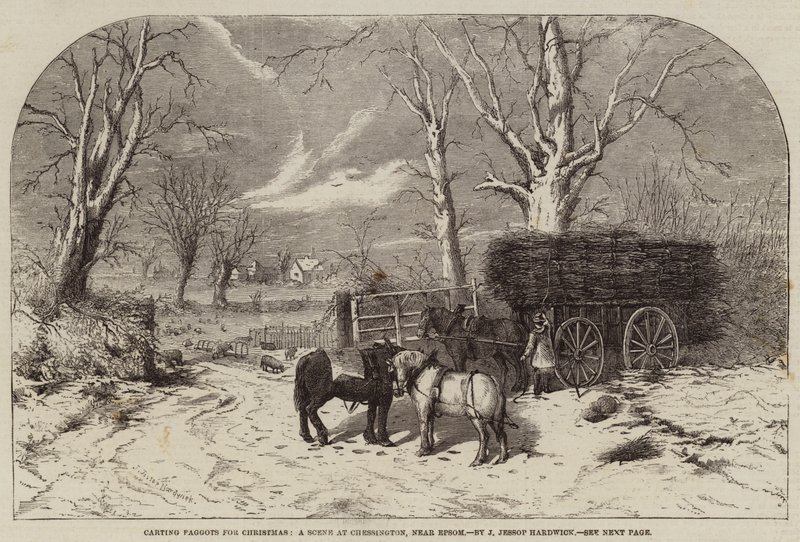 Kersttakken vervoeren, een scène in Chessington, nabij Epsom door John Jessop Hardwick