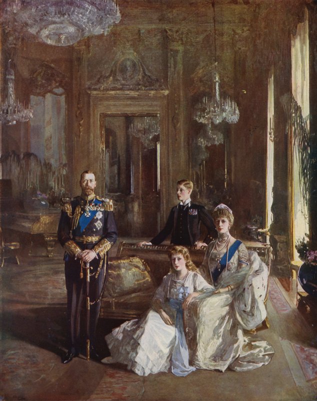 Koning George V, koningin Mary, de prins van Wales en prinses Mary in de Witte Tekenzaal, Buckingham Palace, Londen, 1913 door John Lavery