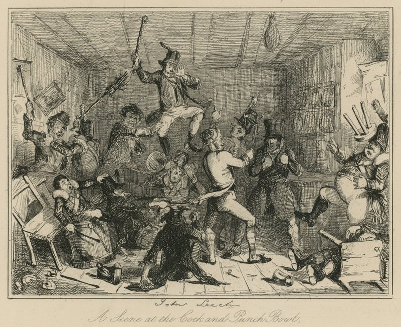 Een scène bij de Cock and Punch Bowl door John Leech