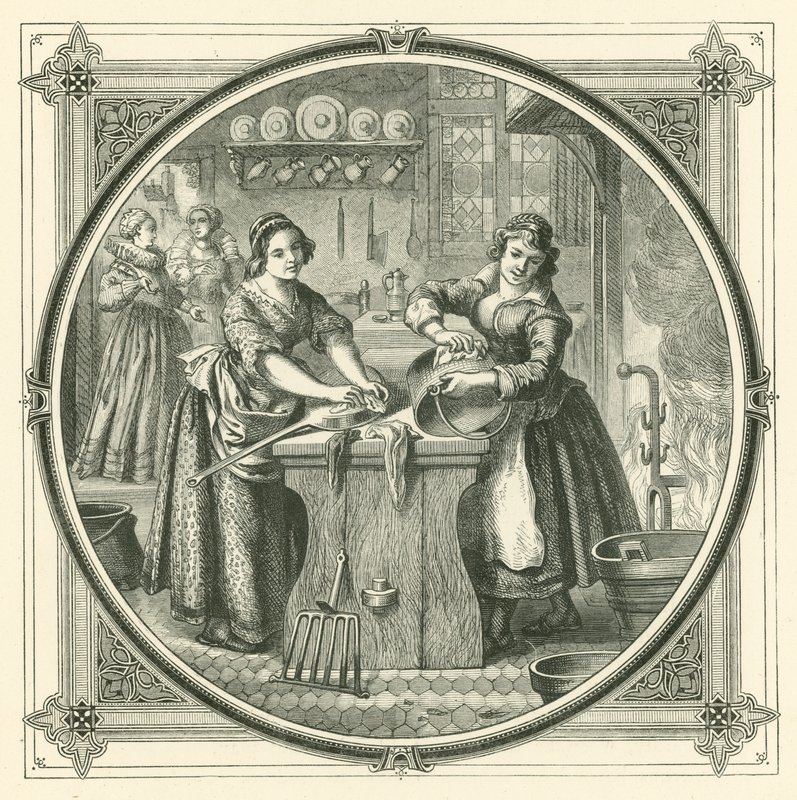 Wanneer slordige bedienden netjes worden, poetsen ze de bodems van de pannen (gravure) door John Leighton
