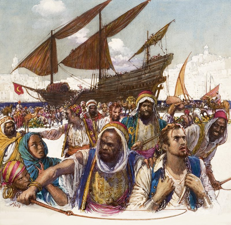 Geketende gevangenen van Arabieren uit de haven, met dhow op de achtergrond door John Millar Watt