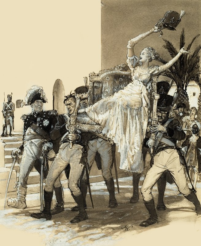 Meisje gedragen door soldaten (gouache op papier) door John Millar Watt