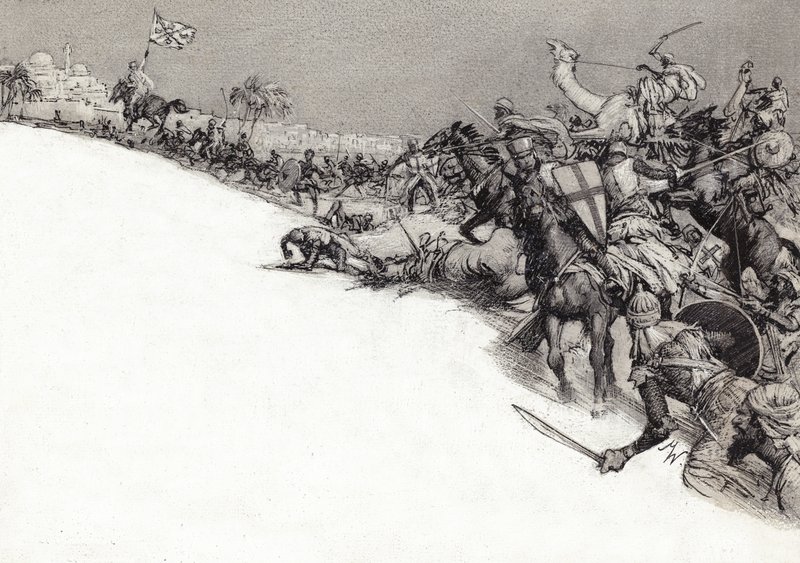 Saracenen vallen Jeruzalem aan (gouache op papier) door John Millar Watt