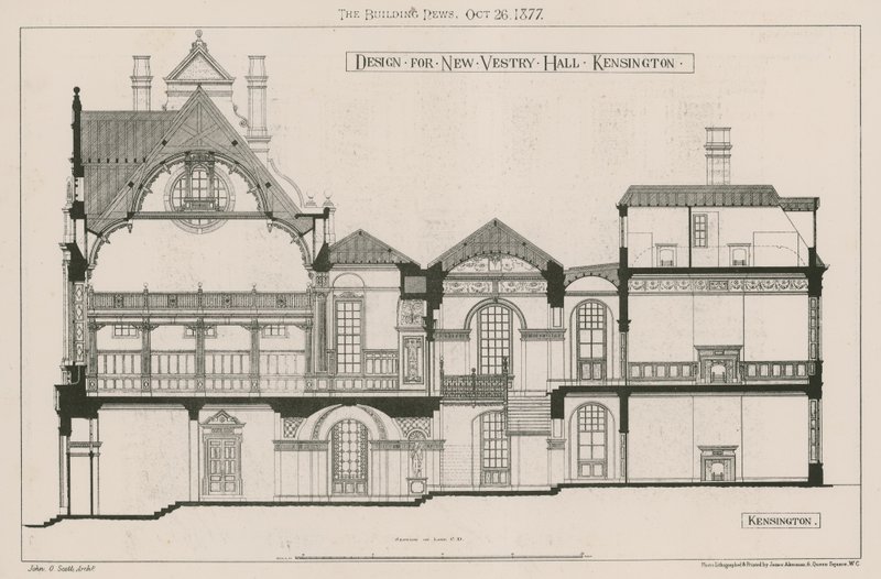 Ontwerp voor nieuwe vestry hall, Kensington door John Oldrid Scott