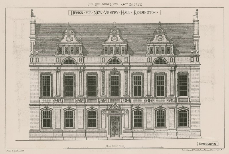 Ontwerp voor nieuwe vestry hall, Kensington, Londen door John Oldrid Scott