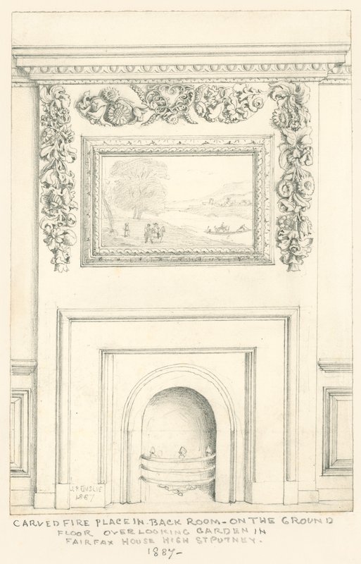 Gesneden open haard in de achterkamer op de begane grond met uitzicht op de tuin, Fairfax House, High Street, Putney, 1887 door John Phillipp Emslie