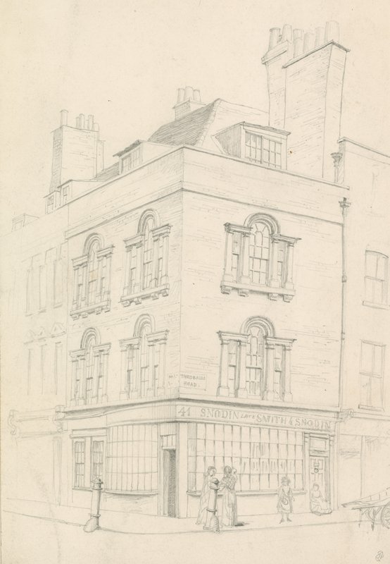 Huis op de hoek van Red Lion Street en Theobalds Road, tegenover Lamb