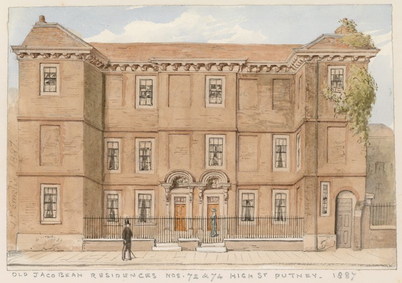 Oude Jacobijnse woningen, nr. 72 en 74, High Street, Putney, Londen, 1887 door John Phillipp Emslie