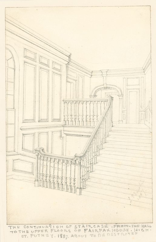 De voortzetting van de trap, van de hal naar de bovenverdiepingen, van Fairfax House, High Street, Putney, 1887 door John Phillipp Emslie