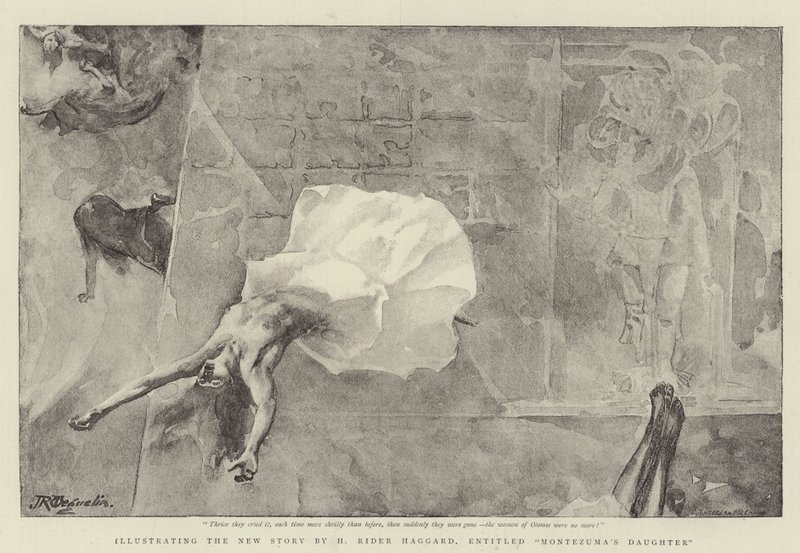 Illustratie van het nieuwe verhaal van H. Rider Haggard, getiteld Montezuma