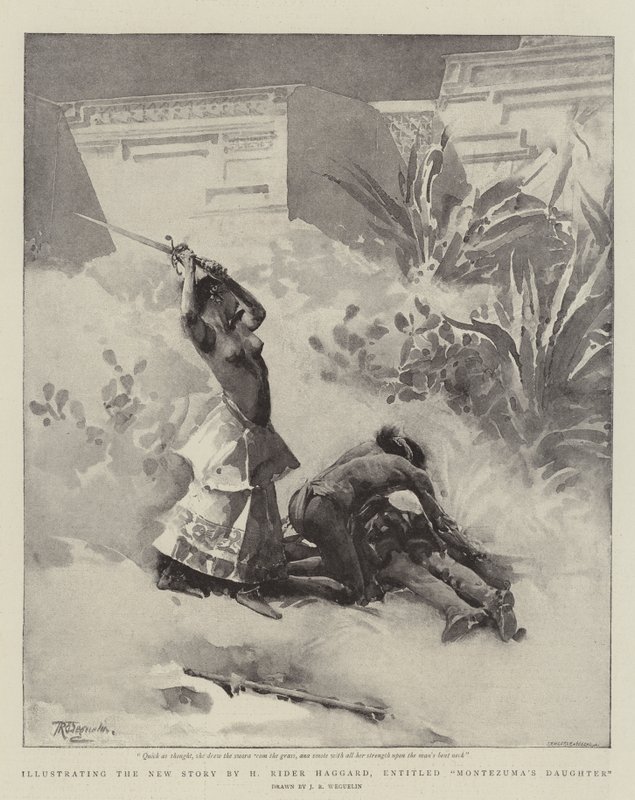Illustratie voor het nieuwe verhaal van H Rider Haggard, getiteld Montezuma